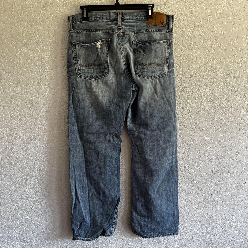 American Eagle Bootcut Jeans Mens 33x32 Blue Distressed Frayed Holes Baggy - Picture 3 of 8